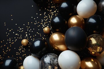 Pile of black white and gold balloons with glitter on dark background, party celebration decoration in close-up shot.