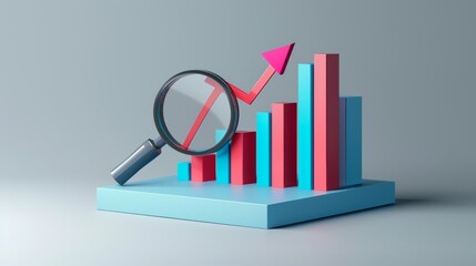 Red and blue bar graph on podium with growth arrow and magnifying glass for data analysis on white background, 3D rendering.