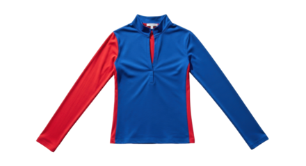 Isolated activewear half-zip shirt in red and blue, sportswear apparel for athletic activities