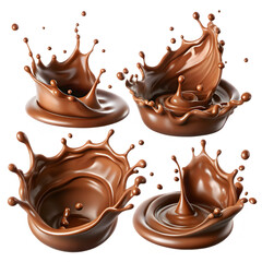 Four splashes of chocolate in bowls isolated on transparent background