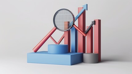 Red and blue bar graph on podium with growth arrow and magnifying glass for data analysis on white background, 3D rendering.