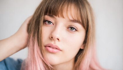 Naklejka premium close up portrait young woman pink ombre hair thoughtful expression