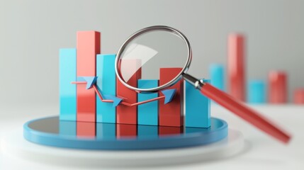 Red and blue bar graph on podium with growth arrow and magnifying glass for data analysis on white background, 3D rendering.