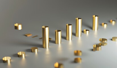 Set of 3D gold candlestick chart icons floating against grey background, financial trading data and market analysis concept.