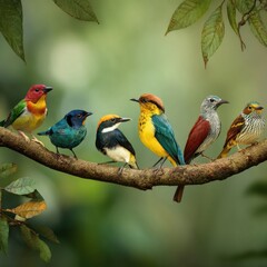 Fototapeta premium Vibrant Tropical Birds Perched on a Tree Branch in a Lush Green Natural Environment, Showcasing Bright Colors and Diverse Bird Species in Nature