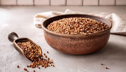 Hulled Buckwheat Grains In A Rustic Bowl Against Light Stone Background
