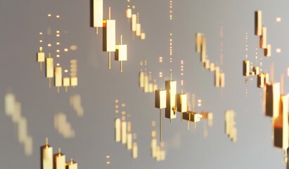 Set of 3D gold candlestick chart icons floating against grey background, financial trading data and market analysis concept.
