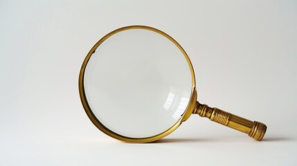 Old-fashioned magnifying glass with golden lens on white background, symbolizing business intelligence, data search and investigation.