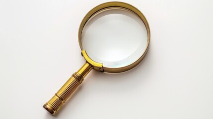 Old-fashioned magnifying glass with golden lens on white background, symbolizing business intelligence, data search and investigation.