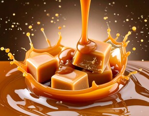 Caramel squares splashing in liquid caramel
