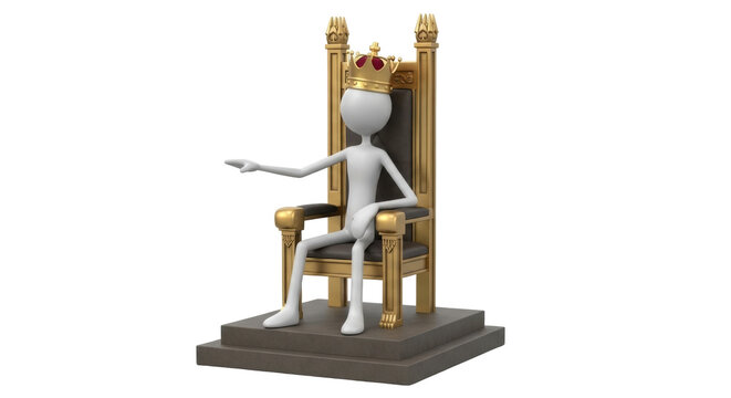 Isolated King character, seated on throne, with a crown, giving orders, 3D illustration