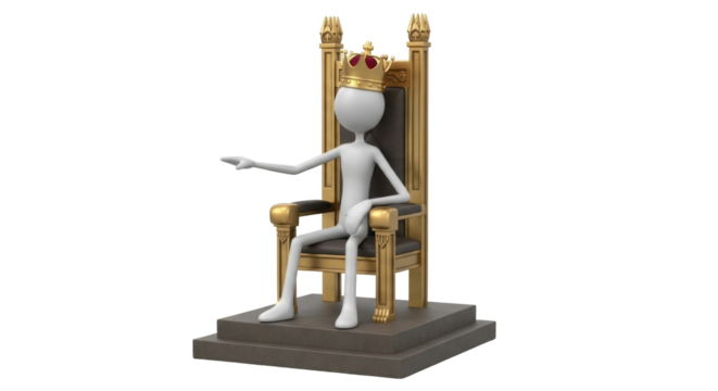 Isolated King character, seated on throne, with a crown, giving orders, 3D illustration