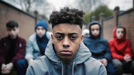 serious teenage boy with friends in urban setting close up portrait