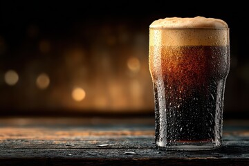 Enjoying a stout beer in a cozy, dimly lit pub with rich ambiance and condensation on the glass