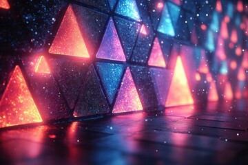 Colorful triangles on black background.