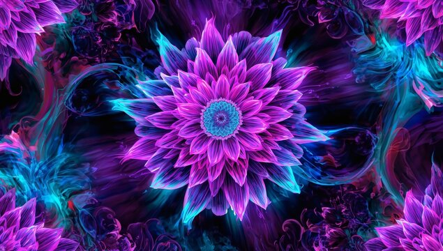 Vibrant fractal flower blooms with electric blue and purple hues in cosmic psychedelic display