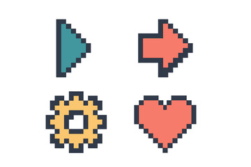 Obraz premium Collection of vibrant pixel art graphic symbols for modern digital interfaces and retro video game design projects