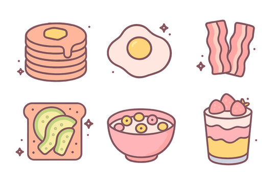 Collection of various breakfast and dessert items including pancakes, fried egg, bacon, avocado toast, cereal, and strawberry parfait