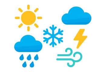 Obraz premium Weather forecast icons featuring sun, cloud, rain, snowflake, lightning, and wind symbols for meteorological use