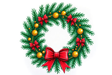 Festive Christmas wreath illustration with green pine branches, red ribbons, golden ornaments, perfect for holiday decoration, winter celebration, greeting cards, and seasonal design.