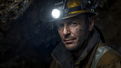 Fototapeta premium A miner with a headlamp smiles in a dark mine, wearing a yellow hard hat and work clothes.