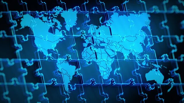 Lowpoly World Map Jigsaw Puzzle Abstract Technology Background Animation. Animated Clear Puzzle for Politics Problem Solving, Geopolitical Synergy Partnership, and Global Crisis Management Concepts