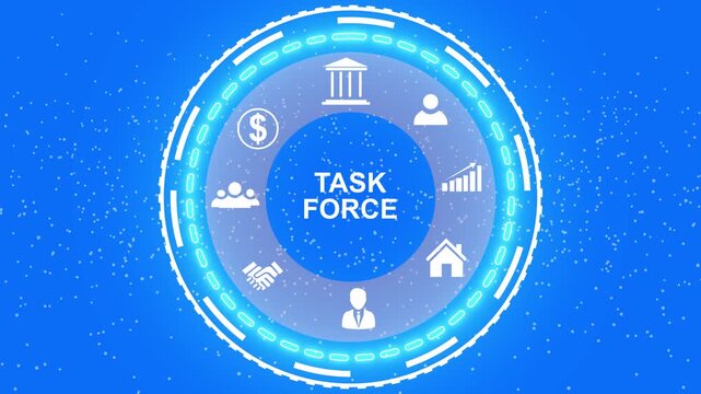 A Business Task Force concept button on a clear projection ,Business, Technology and network concept. Animated Dynamic wave of color particles. Digital technology background random dot 4K.