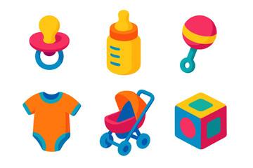 Vibrant isometric collection of essential baby care items and playful toys including pacifier bottle rattle onesie stroller and block