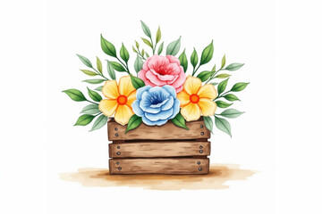 beautiful floral arrangement illustration with colorful flowers in a rustic wooden box vibrant roses yellow blossoms and green leaves watercolor style perfect for greeting cards posters
