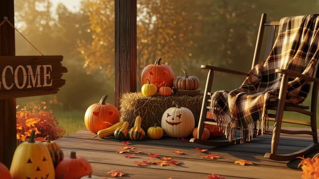 Autumn welcome sign with carved pumpkins and rocking chair on a wooden porch