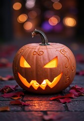 Spooky Halloween Pumpkin with Carved Face Illuminated by Candlelight and Surrounded by Autumn Leaves