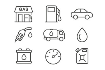 Gas station line icon set. Fuel pump, gasoline, car, oil can. Transport and energy industry concept. Petrol station, fuel tanker, gauge and jerrycan vector pictograms.