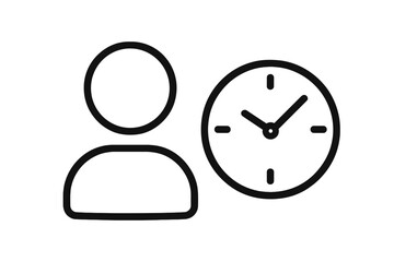 User time management outline icon. Person profile with clock symbol. Waiting time, appointment schedule, and project deadline concept. History, duration, and work time tracking vector