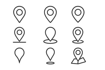 Map pin line icon set. Location marker and pointer symbols for navigation. Simple outline vector signs for web design, apps, and GPS. Destination and place graphic collection.