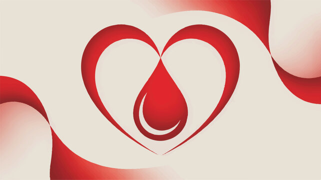Stylized Red Heart with a Blood Drop Inside on a Cream Background with Flowing Red Ribbons vector illustration