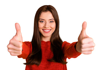 POrtrait of positive cheerful lady show double thumb up give her feedback about excellent sales...