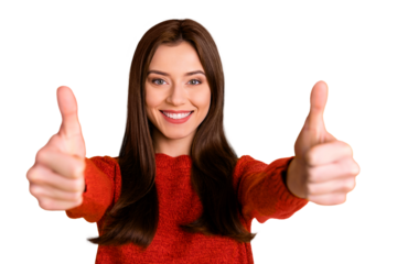 POrtrait of positive cheerful lady show double thumb up give her feedback about excellent sales discounts wear red  sweater isolated over yellow color background