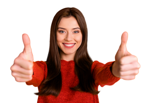 POrtrait of positive cheerful lady show double thumb up give her feedback about excellent sales discounts wear red  sweater isolated over yellow color background