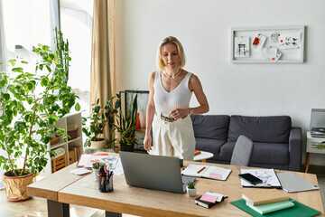 Cozy home workspace showcasing an adult woman engaged in her creative activities