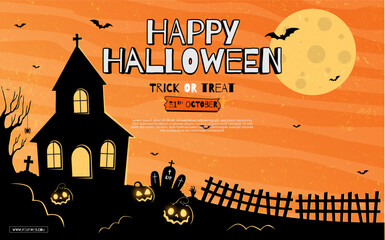 Happy Halloween background design. Vector banner, poster, card, content for social media, halloween festival for decoration with spooky ghost, pumpkin, moon, castle, tree. 31st October