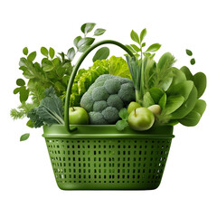 Green Basket with Fresh Vegetables and Fruits on transparent background