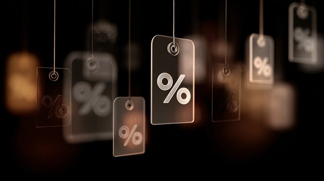 Dark background layered translucent sale percentage tags vibrant colors bokeh lighting effects.