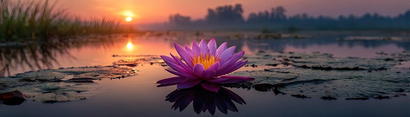 Beautiful lotus flower in calm balance concept. A serene lotus flower blooming at sunrise on a tranquil pond.