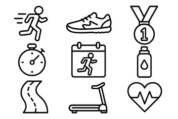 Simple icon collection editable stroke for running fitness sports and health infographic design, vector cartoon illustration with transparent background, perfect for articles and banners