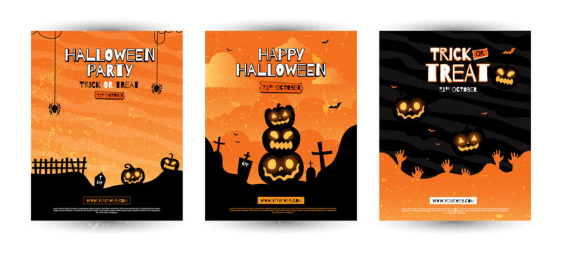 Set of Happy Halloween background design. Vector banner, poster, card, content for social media, halloween festival for decoration with spooky ghost, pumpkin, moon, castle, tree. 31st October