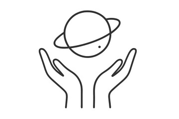 Thin line icon of planet with rings floating above open hands, concept of space protection, universe care, cosmic energy, minimal vector illustration for apps and design