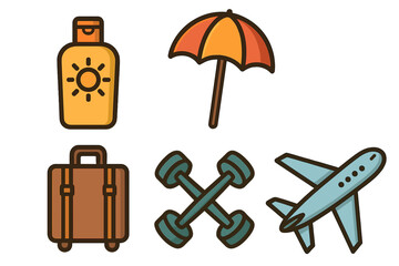 Travel and vacation icon set with sunscreen lotion, beach umbrella, luggage suitcase, fitness dumbbells, airplane vector for holiday, tourism, leisure, trip, and adventure design