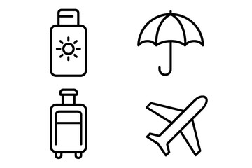 Travel related outline icons set with sunscreen bottle, umbrella, baggage luggage, and airplane silhouette, minimalist line art for travel infographics, banners, articles, and books