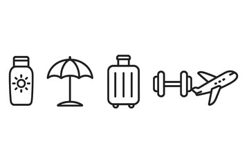 Travel related icon set with sunscreen bottle, beach umbrella, luggage, fitness dumbbell, airplane. Simple line art collection for banners, infographics, books, articles design elements