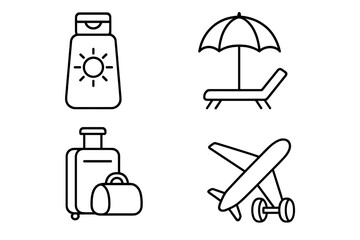 Travel related outline icon set including sunscreen bottle with sun symbol, beach umbrella with lounge chair, luggage suitcase and duffel bag, airplane icon for banners, infographics, books, articles